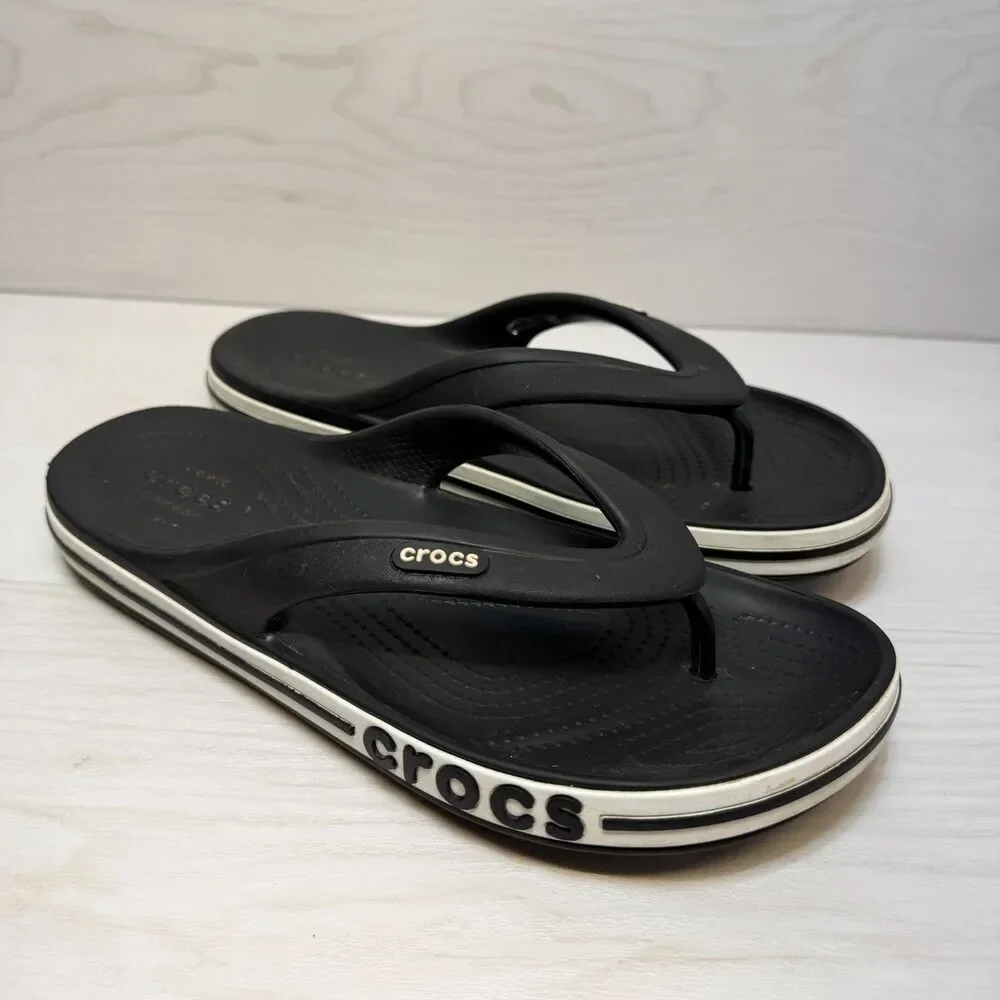 Crocs Bayaband Thong Flip‎ Flops Unisex Size 6M/8W Black Leather Casual Comfort